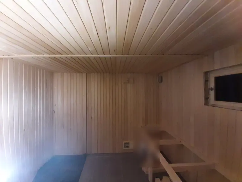Medinėmis lentelėmis apkaltos pirties sienos ir lubos, prie lango sukaltas gultų karkasas